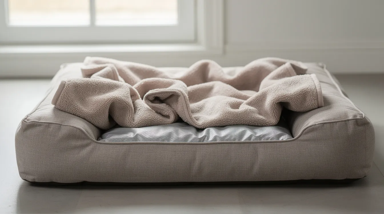 A padded orthopedic dog bed is set up with a waterproof liner and soft blankets, providing a cozy resting place for a dog, particularly beneficial for those with spinal injuries or paralysis. This setup can help prevent pressure sores and ensure comfort for dogs dealing with intervertebral disc disease or other degenerative conditions affecting their ability to use their hind legs.