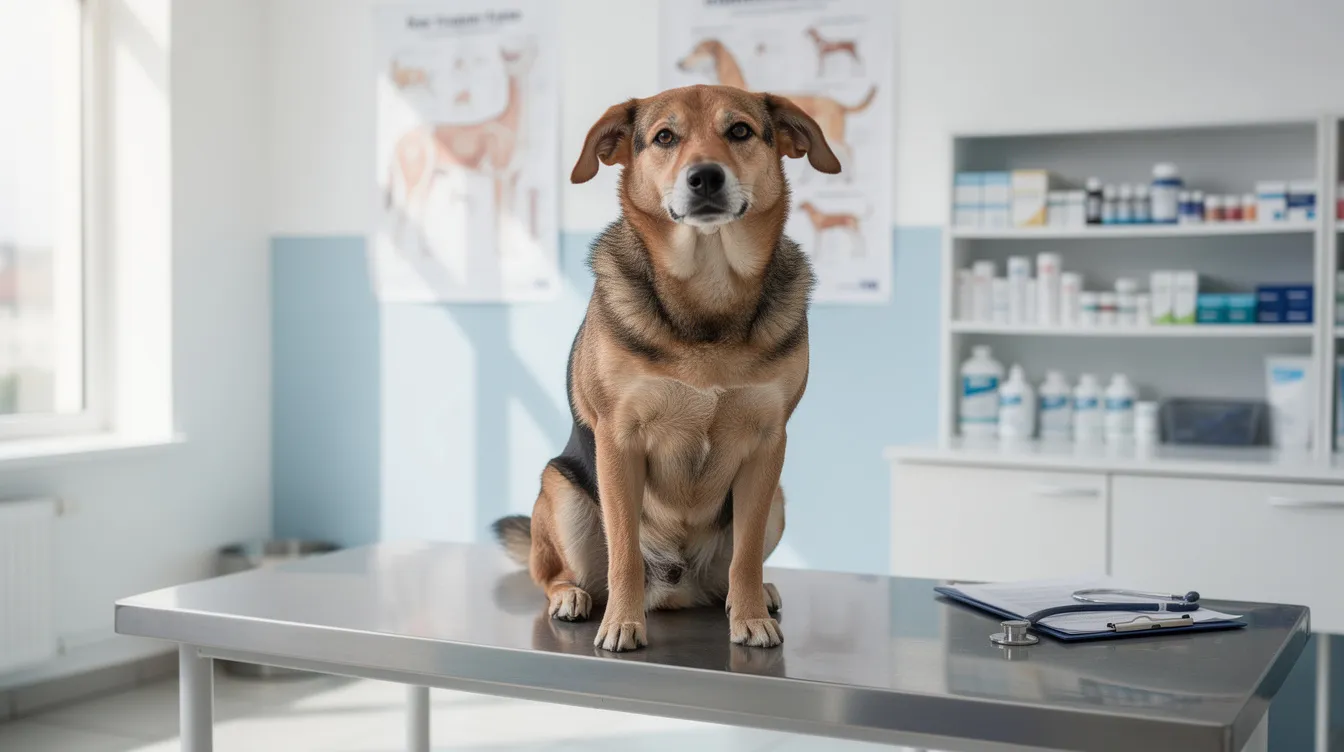A dog sits calmly on an examination table in a veterinary clinic, surrounded by veterinary medical professionals who are preparing to provide compassionate care. The clinic is equipped with various medical tools and supplies, highlighting the importance of veterinary services for animal health and well-being.