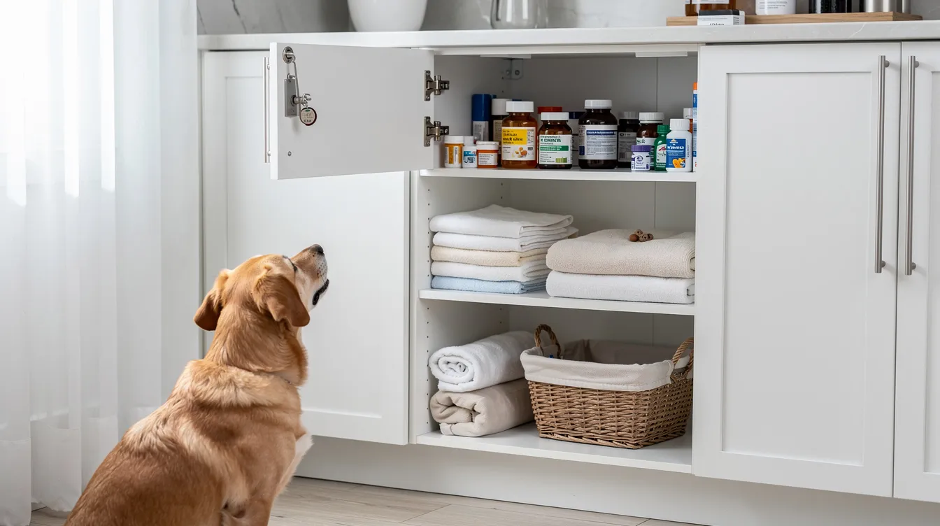 The image depicts a well-organized home cabinet with medications securely stored in a high locked compartment, ensuring that pet owners can prevent their pets from accessing potentially dangerous human medications, such as birth control pills and over-the-counter drugs. This setup is crucial for avoiding emergencies, as pets consuming these substances can lead to severe health issues, requiring immediate veterinary attention.