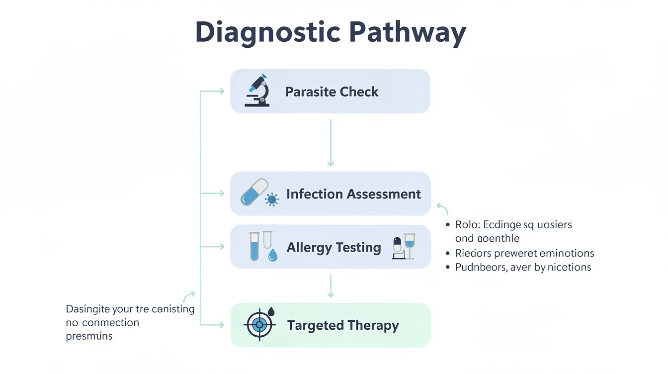 The flowchart illustrates the diagnostic steps for addressing a dog's itchy skin, starting from a parasite check and leading to infection treatment, allergy testing, and targeted therapy for conditions like atopic dermatitis and skin infections. It highlights the importance of identifying the underlying cause of itching in dogs, such as food allergies, environmental allergens, or bacterial and fungal infections.