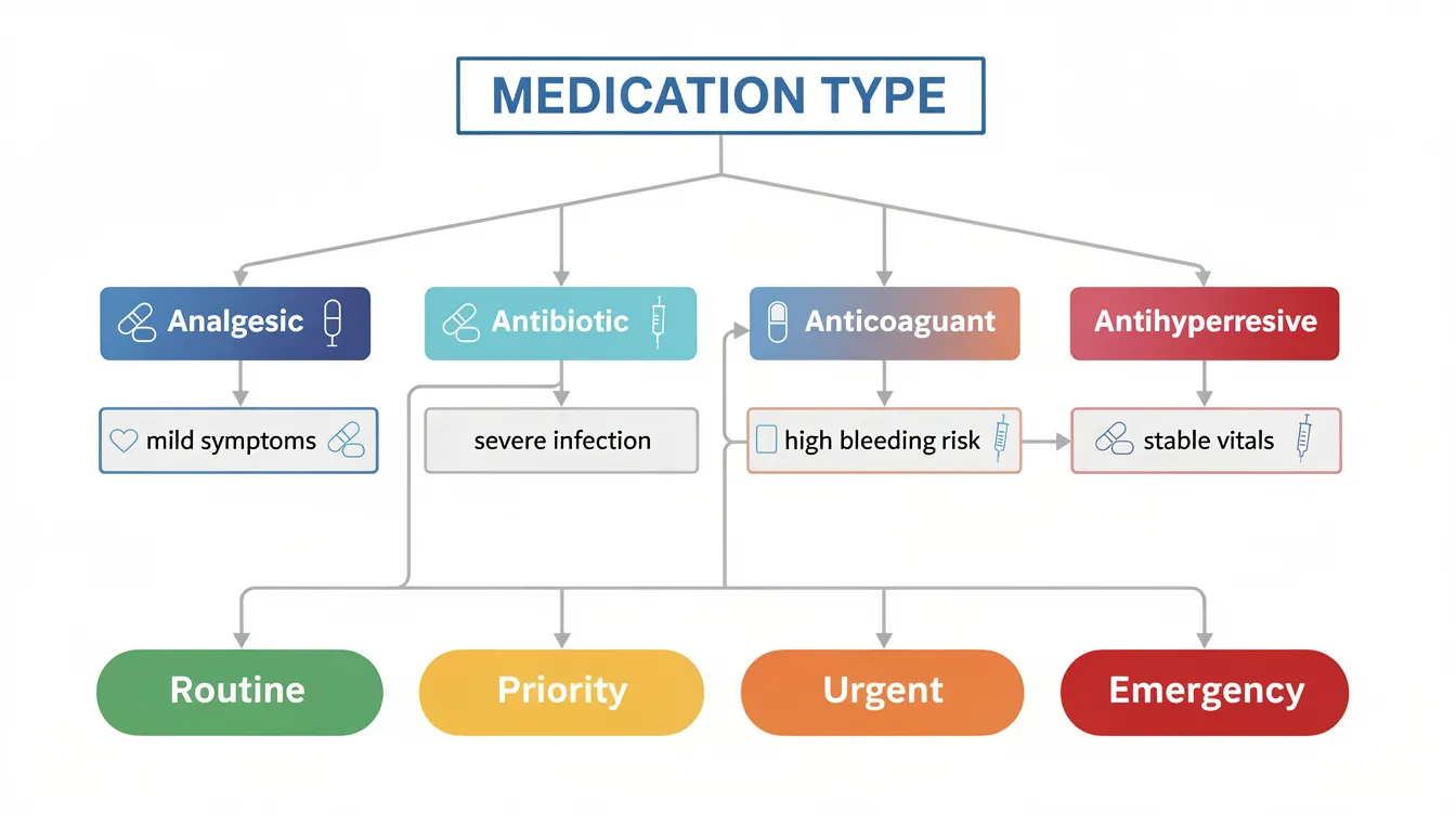 The image is a flowchart illustrating the decision-making process for pet owners regarding the type of medication their dog may have ingested, leading to an assessment of treatment urgency. It includes paths for various medications, such as birth control pills and common household drugs, guiding pet owners on whether to induce vomiting or seek immediate veterinary attention based on the level of risk and clinical signs observed.