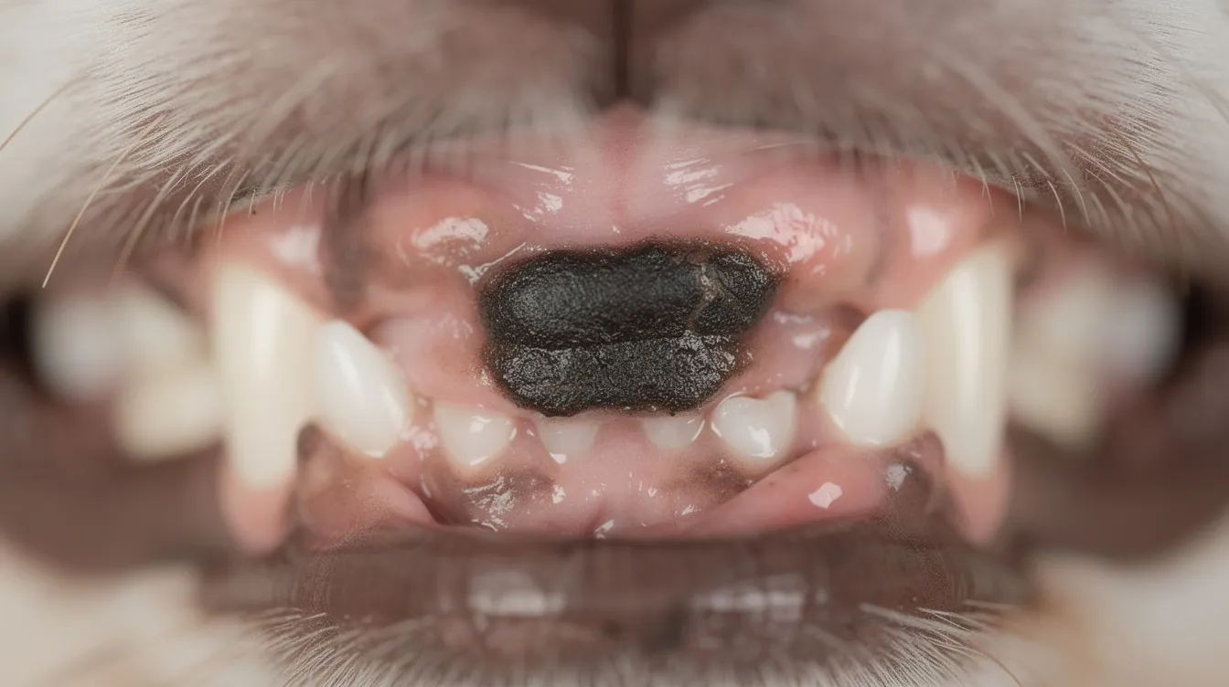 The image shows a dark pigmented growth on a dog's gum line, with the dog's mouth open, revealing the abnormality. This condition may indicate various skin problems or infections affecting the dog's body, and pet parents should consult a veterinarian for proper diagnosis and treatment.