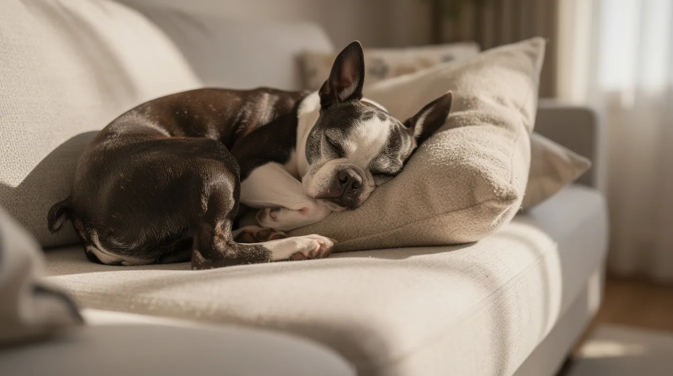 A Boston Terrier is peacefully sleeping on a couch, its small body curled up comfortably. The cozy scene captures the essence of a relaxed pet, highlighting the importance of a safe environment for dogs, especially when considering potential risks like marijuana ingestion.