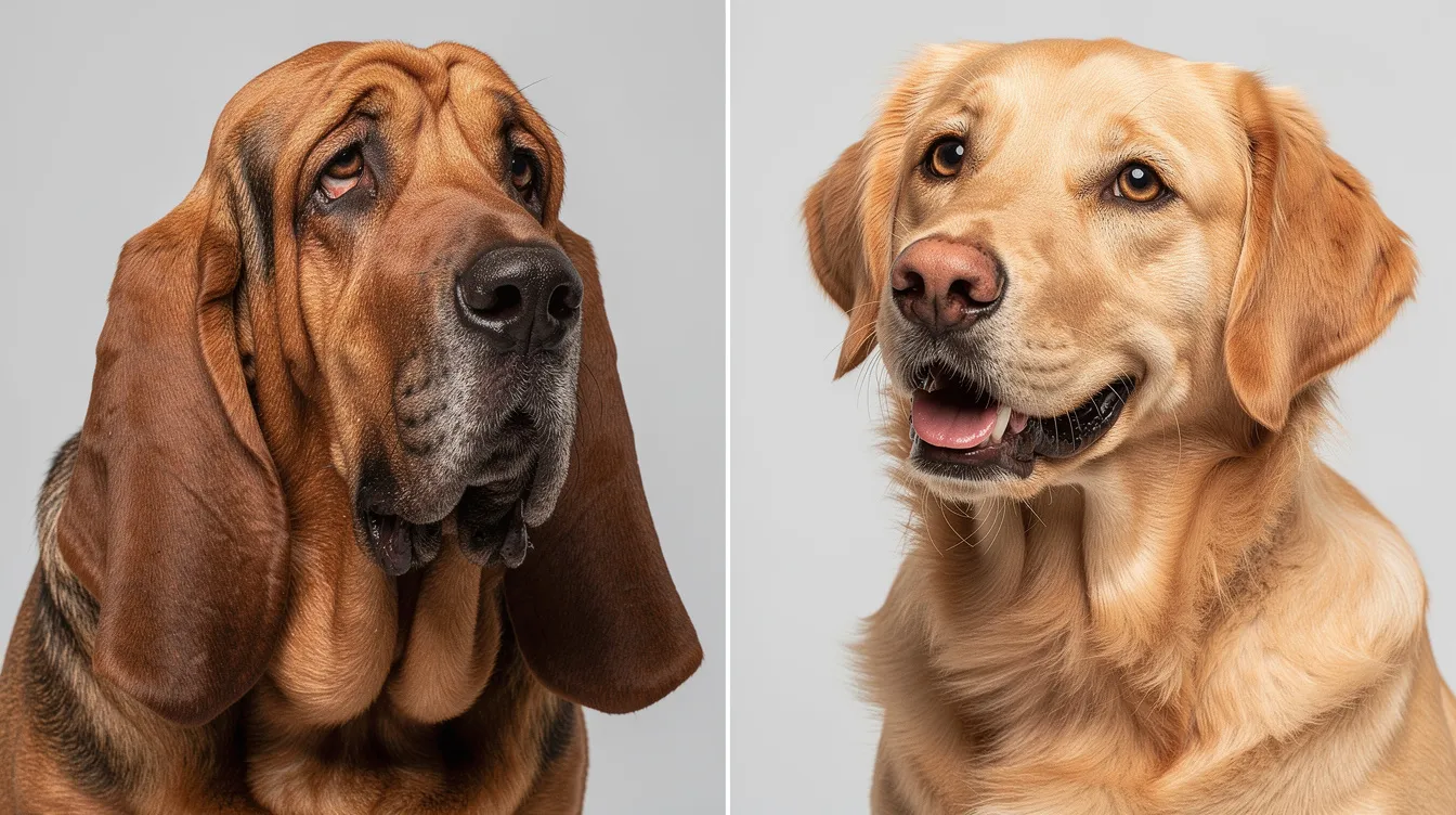 The image features a side-by-side comparison of a droopy-faced hound breed displaying a sad expression and an alert retriever breed showing a cheerful demeanor. This contrast highlights the different emotional states of dogs, illustrating how various breeds can reflect moods such as sadness or joy.