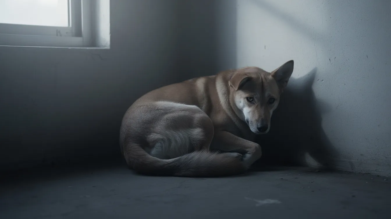 A sad dog is curled up alone in a dim corner, with its ears flattened and tail tucked, displaying telltale signs of anxiety and withdrawal. This depressed dog's emotional state suggests it may be experiencing stress or health issues, highlighting the importance of understanding changes in a pet's behavior.