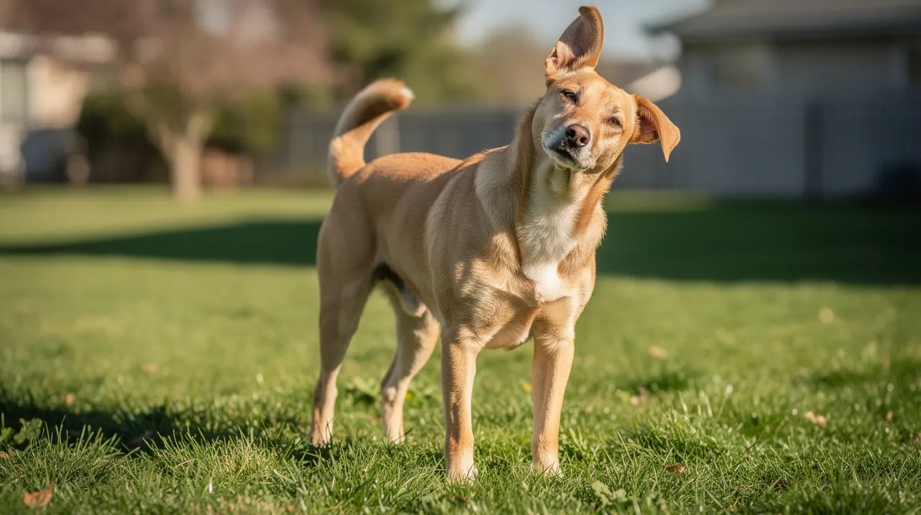 A dog is standing on a grassy lawn, displaying a noticeable head tilt, which may indicate issues related to vestibular disease or inner ear problems. This condition can affect the dog's balance and spatial orientation, potentially caused by various underlying factors such as ear infections or neurological issues.