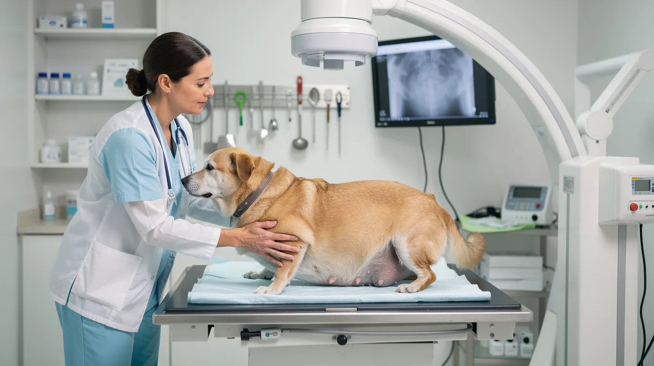 A veterinarian is gently positioning a pregnant dog on an x-ray table in a calm clinical environment, preparing to use the diagnostic tool to assess the dog's pregnancy and confirm the number of developing puppies present in her abdomen. The procedure aims to provide pet owners with an accurate count of the fetuses and ensure the health of both the mother and her litter during this critical development stage.