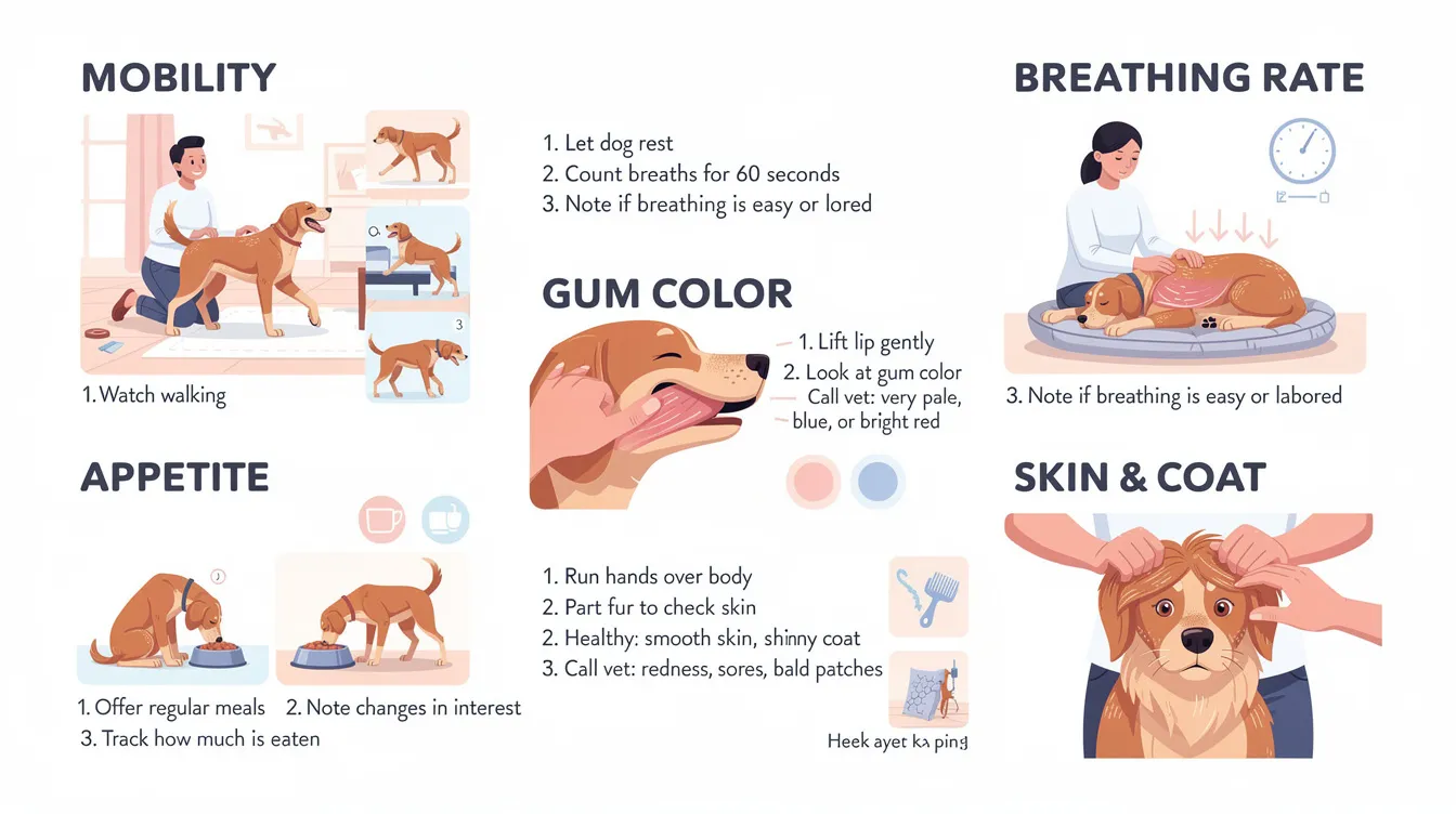 The image is a step-by-step illustrated checklist designed for pet owners, detailing how to assess a dog's mobility, breathing rate, gum color, appetite, and skin condition at home. This guide is especially useful for monitoring symptoms of Cushing's disease in dogs, helping pet parents make informed decisions about their beloved dog's health and comfort.