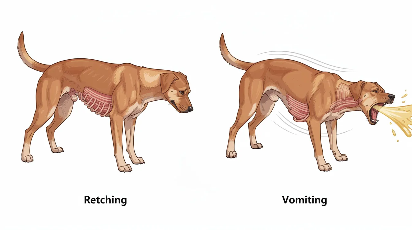 The image shows a side-by-side comparison of a dog in two distinct postures: one exhibiting dry heaving with abdominal contractions, and the other in a vomiting posture. This visual highlights the differences in the dog's body language and physical response, which may indicate serious health concerns such as kennel cough or a foreign object lodged in the throat.
