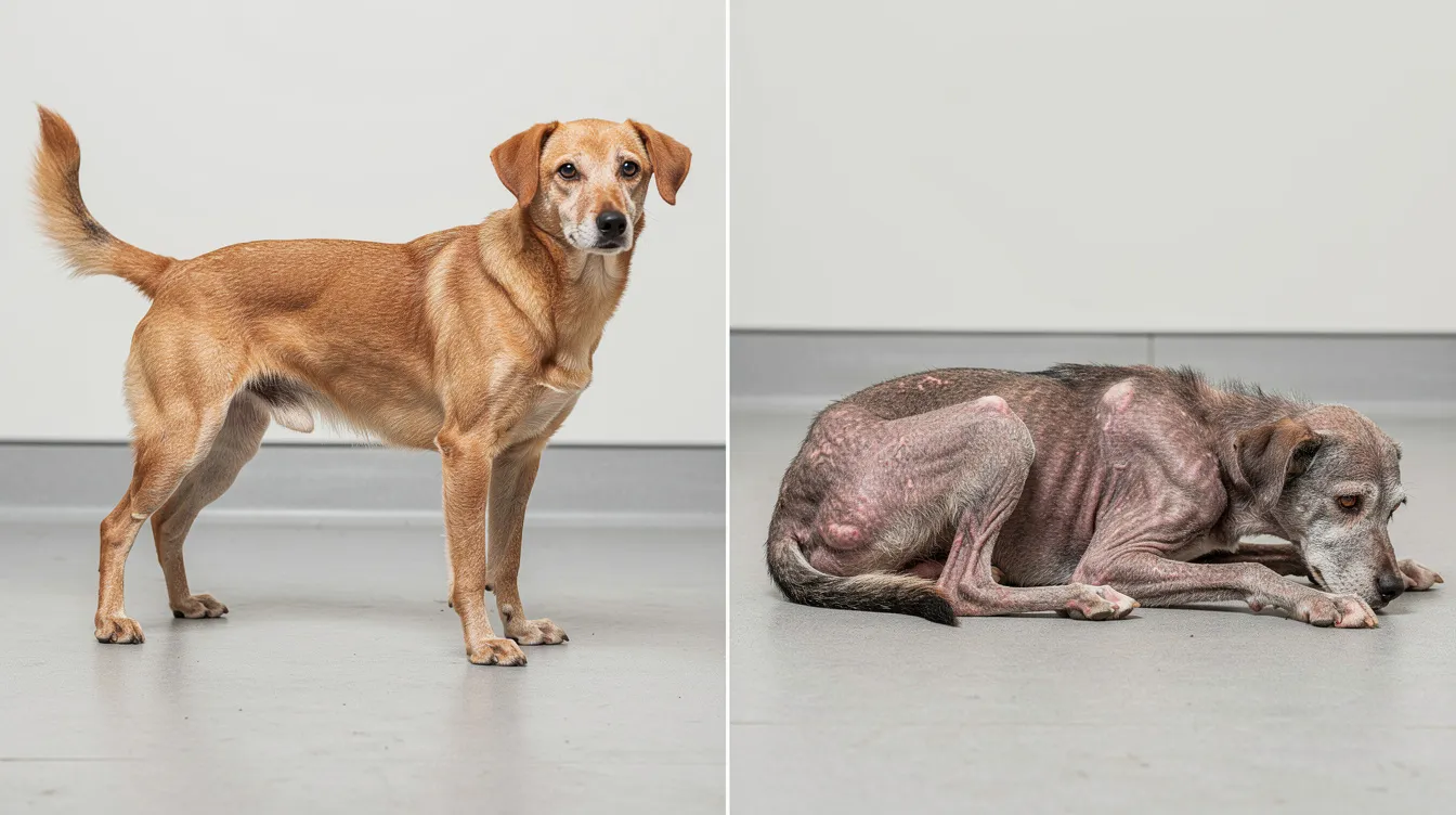 The image shows a side-by-side comparison of two older dogs: on the left, a healthy dog standing alert with a strong posture, and on the right, a severely weakened dog lying down, exhibiting visible muscle wasting, which may indicate advanced stages of Cushing's disease. This visual highlights the stark contrast in energy levels and overall health, underlining the importance of proper diagnosis and treatment for conditions like Cushing's that can severely impact a beloved dog's quality of life.