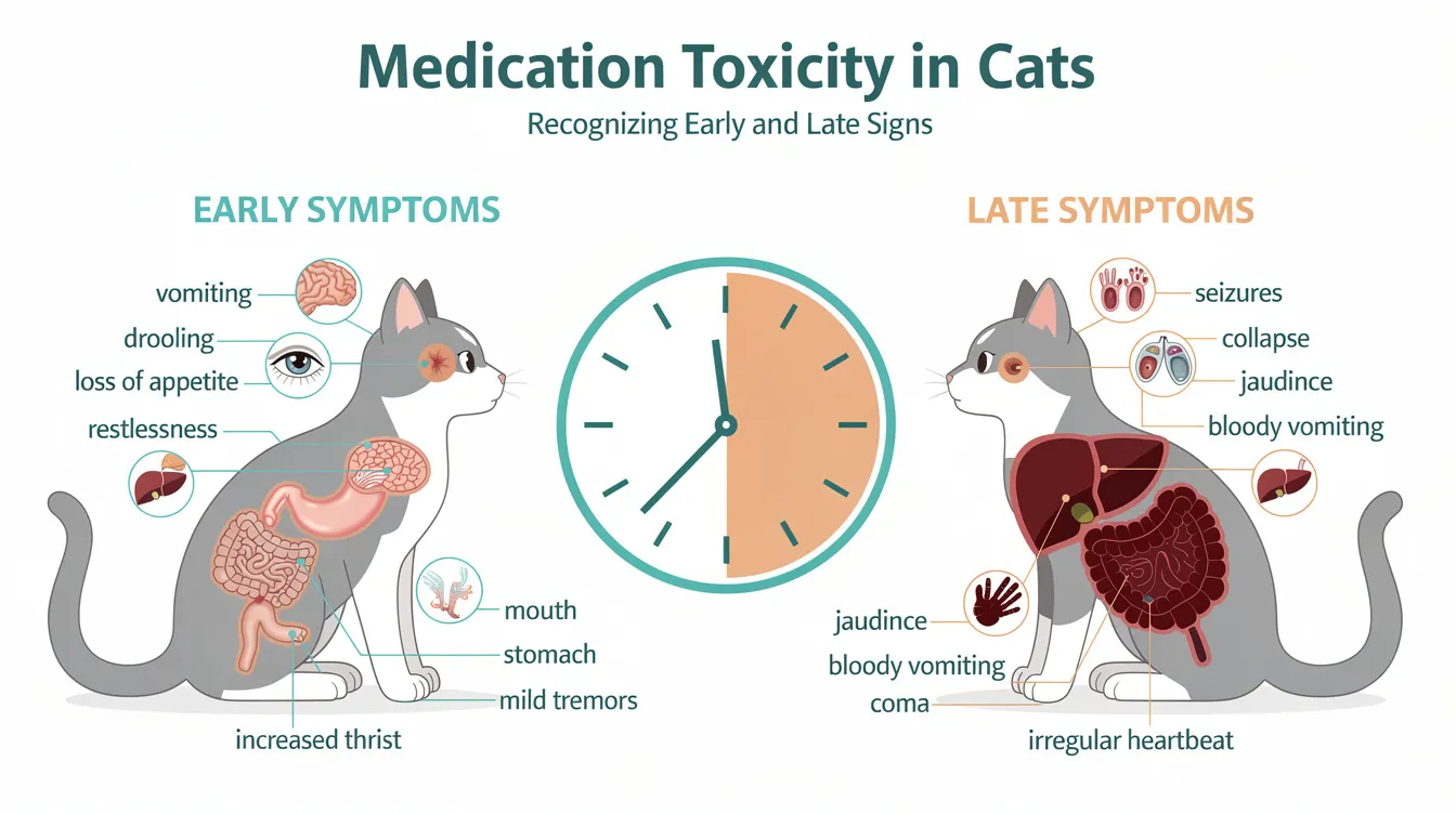 The infographic illustrates the early and late symptoms of ibuprofen poisoning in cats, featuring diagrams of body organs and a clock to indicate timing. It highlights serious health problems such as kidney damage, gastrointestinal ulceration, and neurological symptoms, emphasizing the importance of seeking veterinary care if a cat has ingested even a small dose of this highly toxic nonsteroidal anti-inflammatory drug.