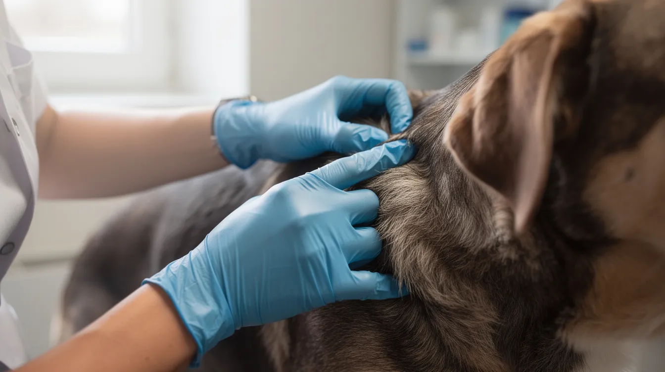 A close-up view shows a veterinarian examining a dog's skin with gloved hands, highlighting the dog's coat and skin surface under natural lighting. The image captures the careful attention to potential skin conditions such as skin bumps, scaly skin, or other skin diseases that may affect the dog's body.
