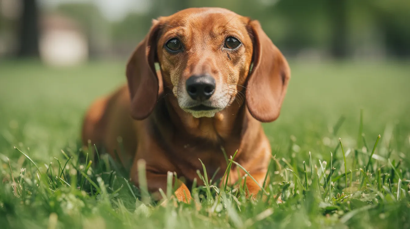 A dachshund is lying in a patch of green grass, its hind legs resting comfortably beside it. The dog's body structure suggests it may be predisposed to spinal cord issues, such as intervertebral disc disease, which can lead to paralysis in affected dogs.