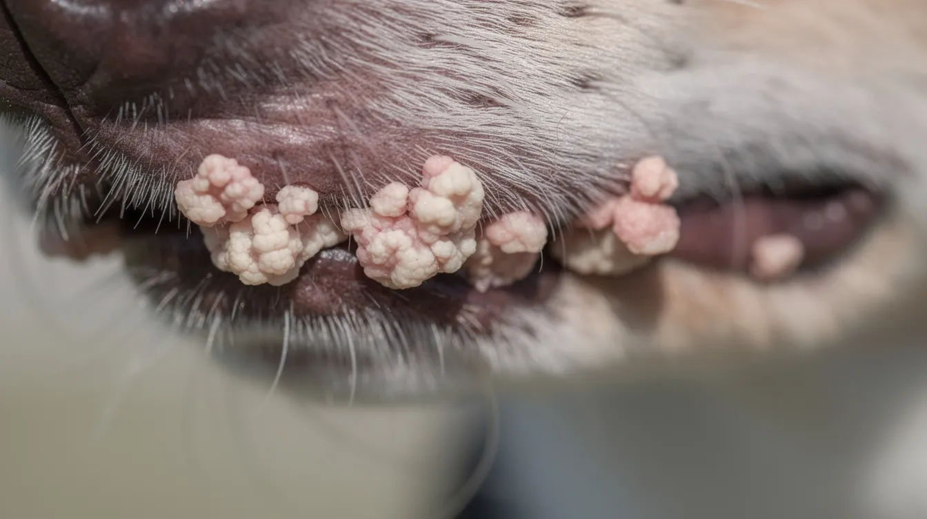 The image shows small, cauliflower-textured growths on a dog's lip area, illuminated by natural daylight. These skin bumps may indicate various skin conditions, such as benign growths or skin infections, which can affect the dog's skin and overall health.