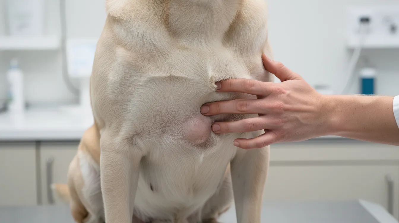 The image shows a soft, rounded lump on a dog's chest area, with the fur parted to reveal the dog's skin underneath. This skin bump could be a benign growth, skin tag, or possibly indicative of other skin diseases affecting the dog's body.