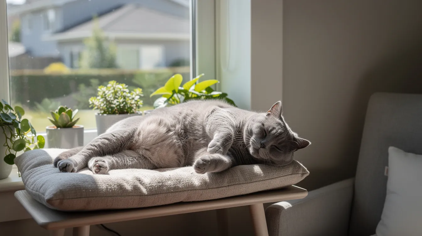A happy cat is lounging on a cozy window perch, enjoying the sunlight streaming into a comfortable home. Its relaxed posture suggests a content state, highlighting the importance of a cat's health and quality of life in a safe environment.
