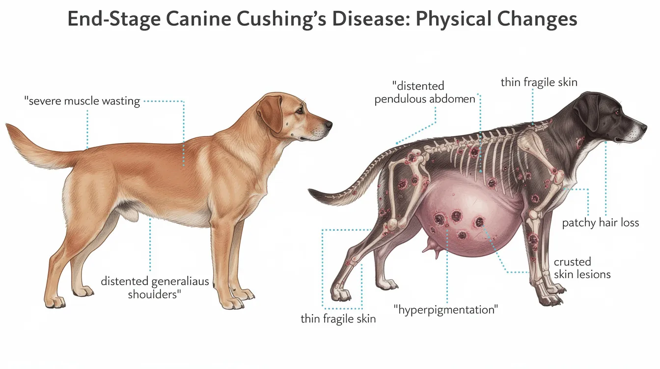The image depicts a detailed visual guide illustrating the physical changes in a dog suffering from end-stage Cushing's disease, showing severe muscle wasting, a distended abdomen, skin lesions, and postural weakness. These symptoms are indicative of the disease's progression, impacting the dog's quality of life and overall health.