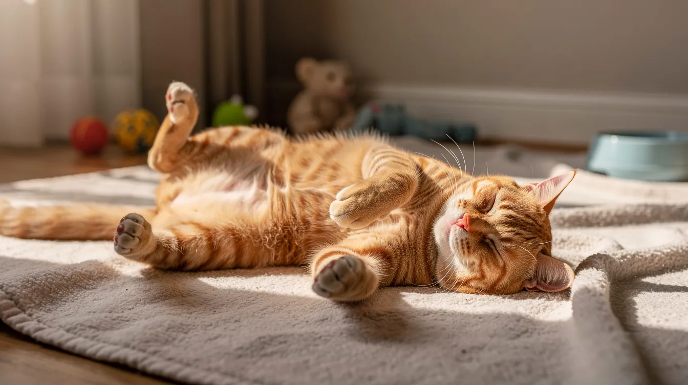 A happy orange male cat is sleeping on his back with his paws in the air, displaying a content expression that suggests he feels safe and comfortable. This relaxed pose is important for maintaining good urinary health and preventing issues like feline idiopathic cystitis.