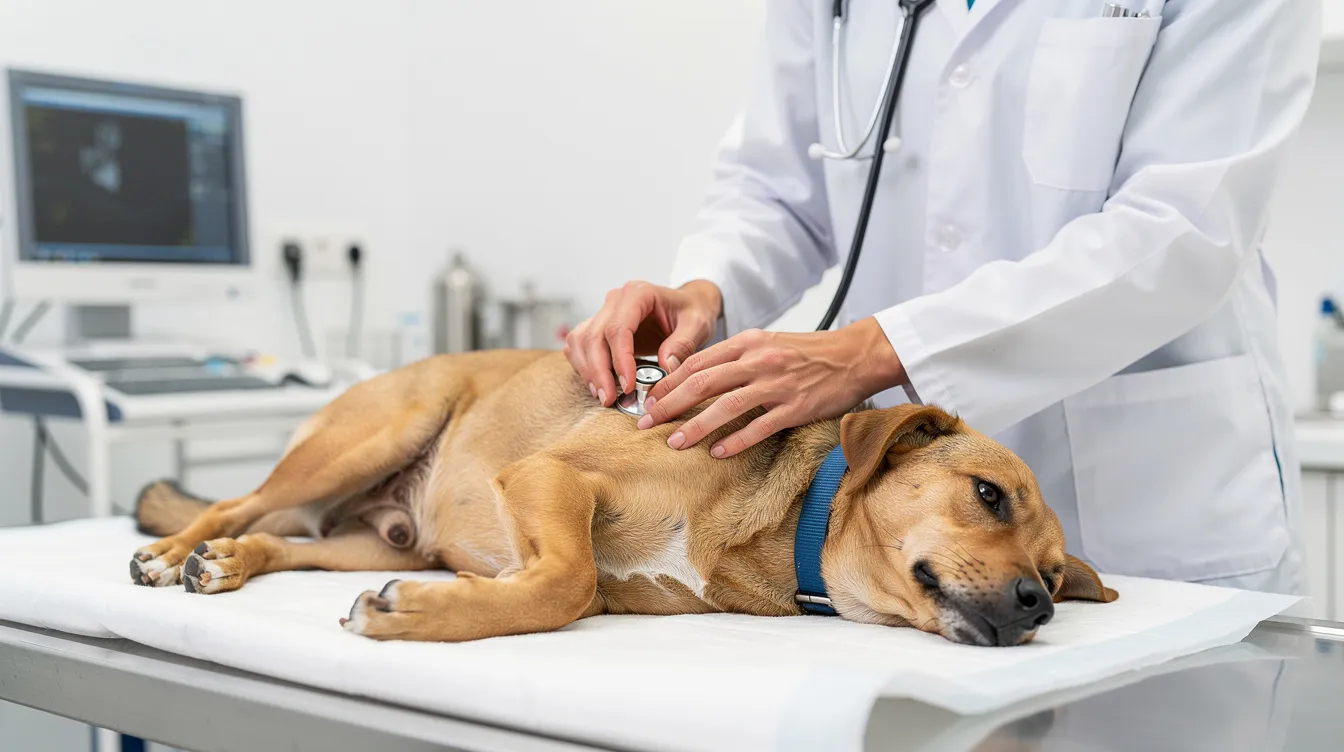 A dog is resting on a veterinary examination table, while a veterinarian checks its vital signs, indicating a focus on potential issues such as grape or raisin toxicity that could lead to acute kidney injury. The scene reflects the importance of prompt treatment and monitoring of kidney function in affected dogs.