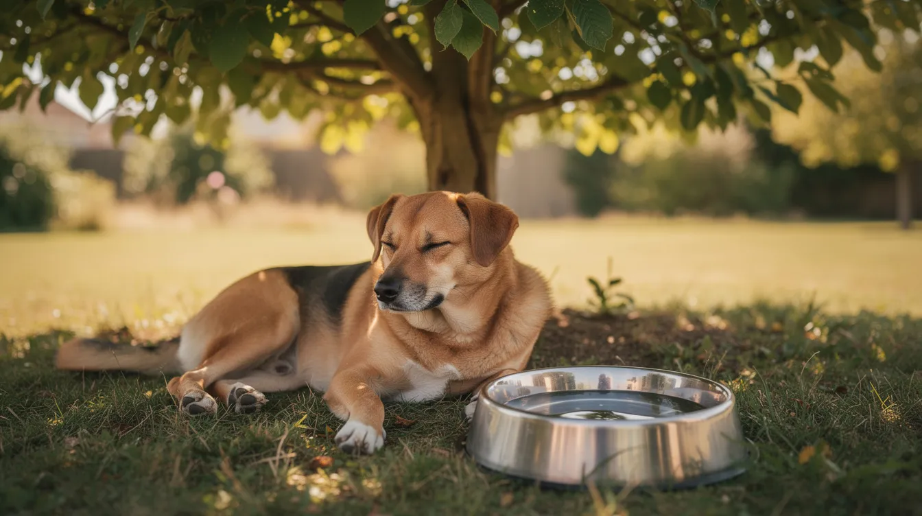 A dog is resting peacefully under a tree on a warm afternoon, next to a filled water bowl, which is essential for preventing heat-related illnesses like heat stroke in dogs. The shade provides a cool respite, helping to regulate the dog's body temperature during high temperatures.