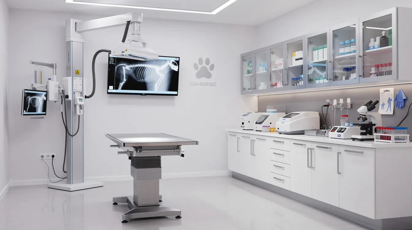 The image shows a modern veterinary clinic equipped with diagnostic tools, including an X-ray machine and various lab instruments, emphasizing the importance of veterinary medicine in ensuring the health and well-being of animals. This setup supports veterinarians in providing excellent care and treatment plans for pets and other animals.