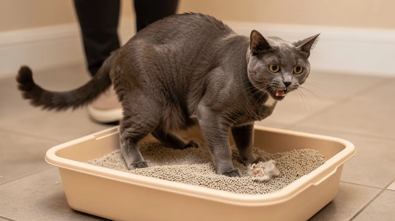 A male cat is shown straining in a litter box, which may indicate a urinary obstruction or a potential medical emergency related to feline idiopathic cystitis. This behavior suggests the need for immediate veterinary treatment to address possible bladder inflammation and prevent serious complications.