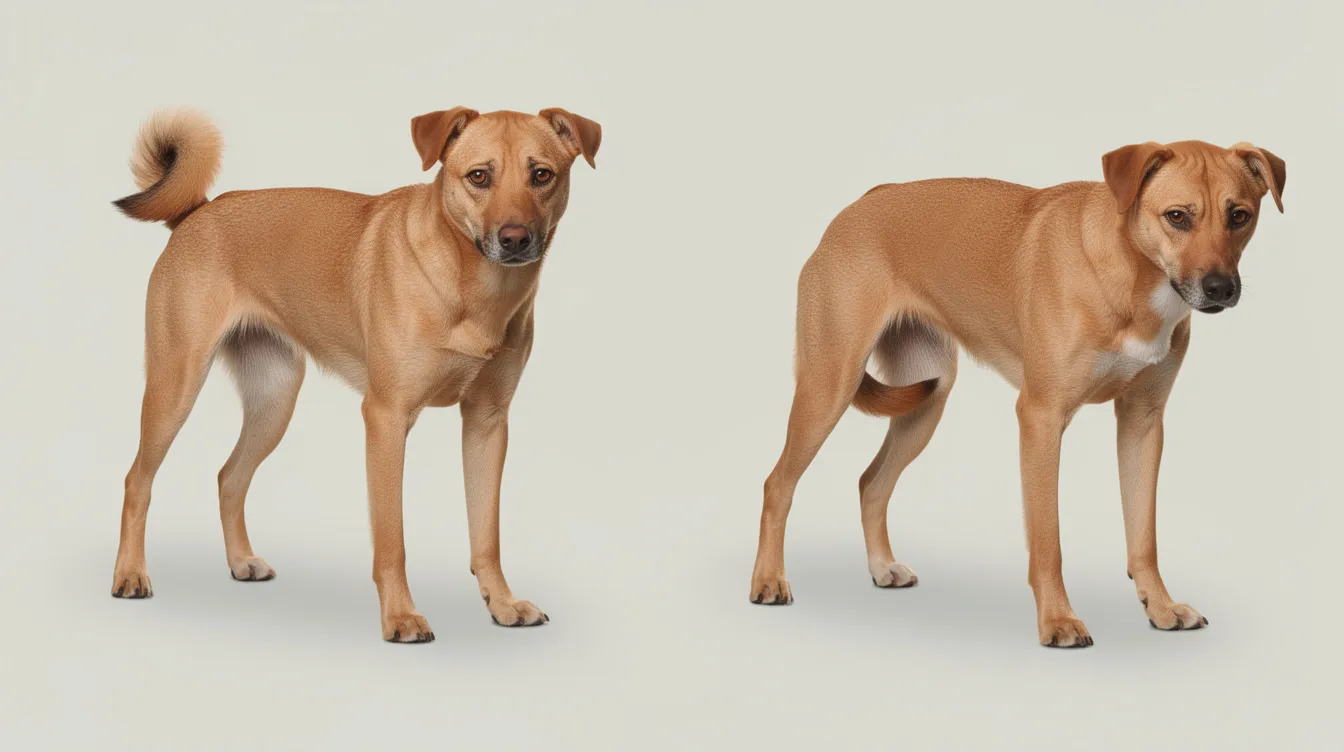 The image shows a side-by-side comparison of two dogs: one standing relaxed with a neutral posture and the other exhibiting signs of pain with a hunched back, lowered head, and a tucked tail. This visual highlights the physical symptoms that can indicate a dog is in pain, which may suggest underlying health issues or joint disorders.