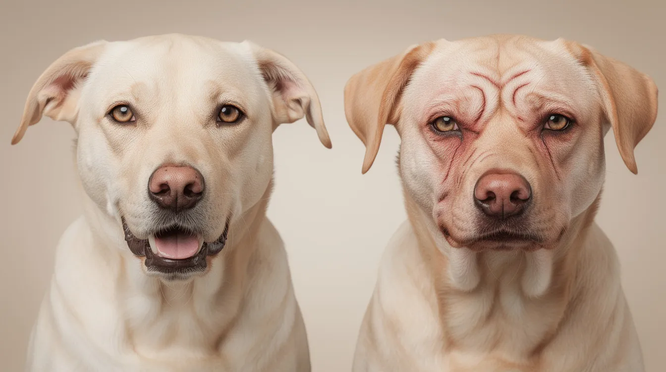The image features a close-up of two dog faces, one displaying a relaxed expression with soft eyes, while the other shows a painful grimace characterized by squinted eyes, a furrowed brow, and flattened ears, highlighting the physical signs of pain in dogs. This contrast serves as a reminder for pet parents to be aware of their dog's behavior and signs of pain, which could indicate underlying health issues or the need for pain relief.