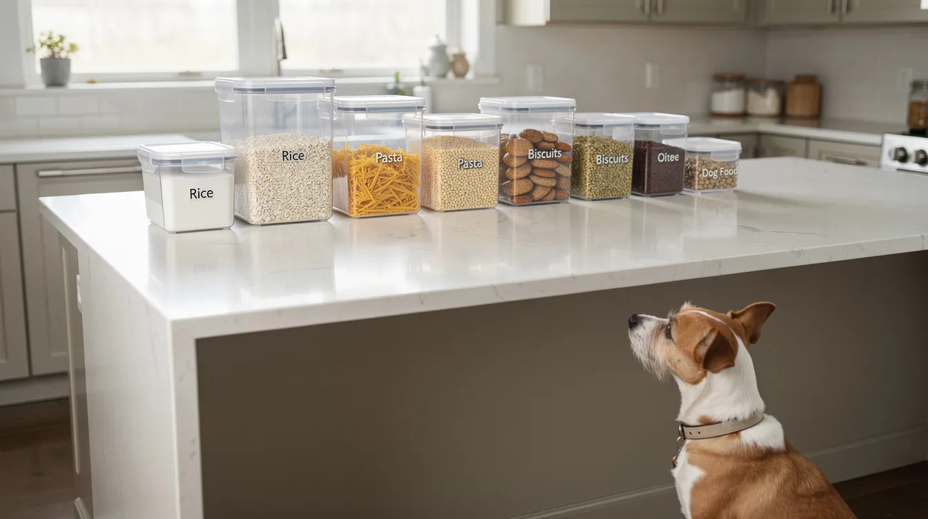 The image shows a kitchen counter with pet-safe food storage containers, while a small dog sits on the floor nearby. This setup highlights the importance of preventing grape and raisin toxicity in dogs, as these foods can lead to acute kidney injury and serious health issues if ingested.