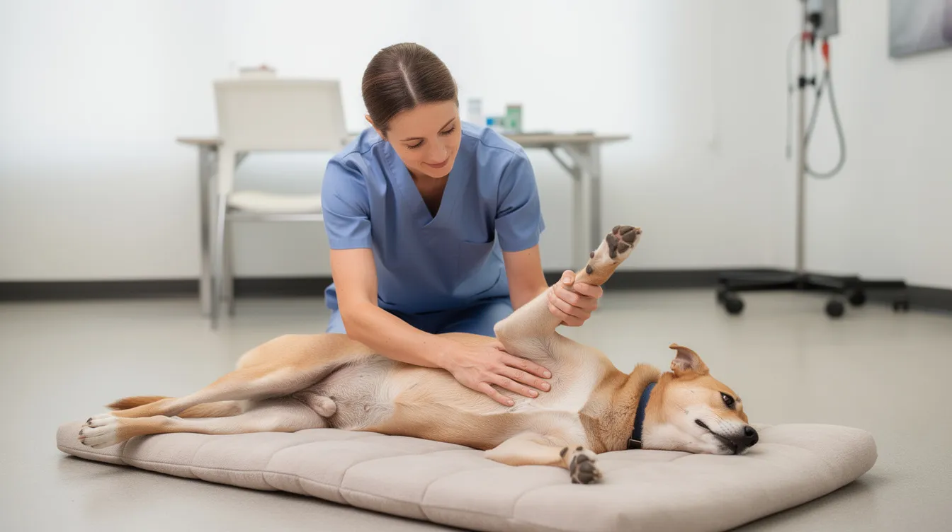 A person is gently performing range-of-motion exercises on a dog's hind leg while the dog lies comfortably on a soft mat, helping to maintain blood flow and mobility in the affected dog's rear legs. This type of physical therapy can be beneficial for dogs with spinal injuries or conditions like intervertebral disc disease.