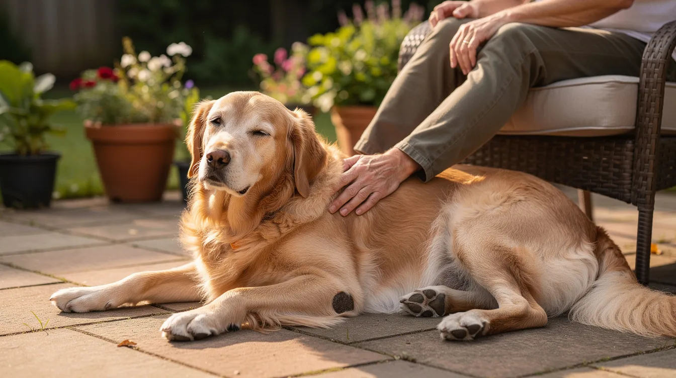 A senior golden retriever with three legs is resting peacefully on a patio next to its owner, showcasing the resilience often seen in dogs affected by osteosarcoma. This scene reflects the bond between the dog and its owner during a challenging time, as they navigate treatment options for bone cancer together.
