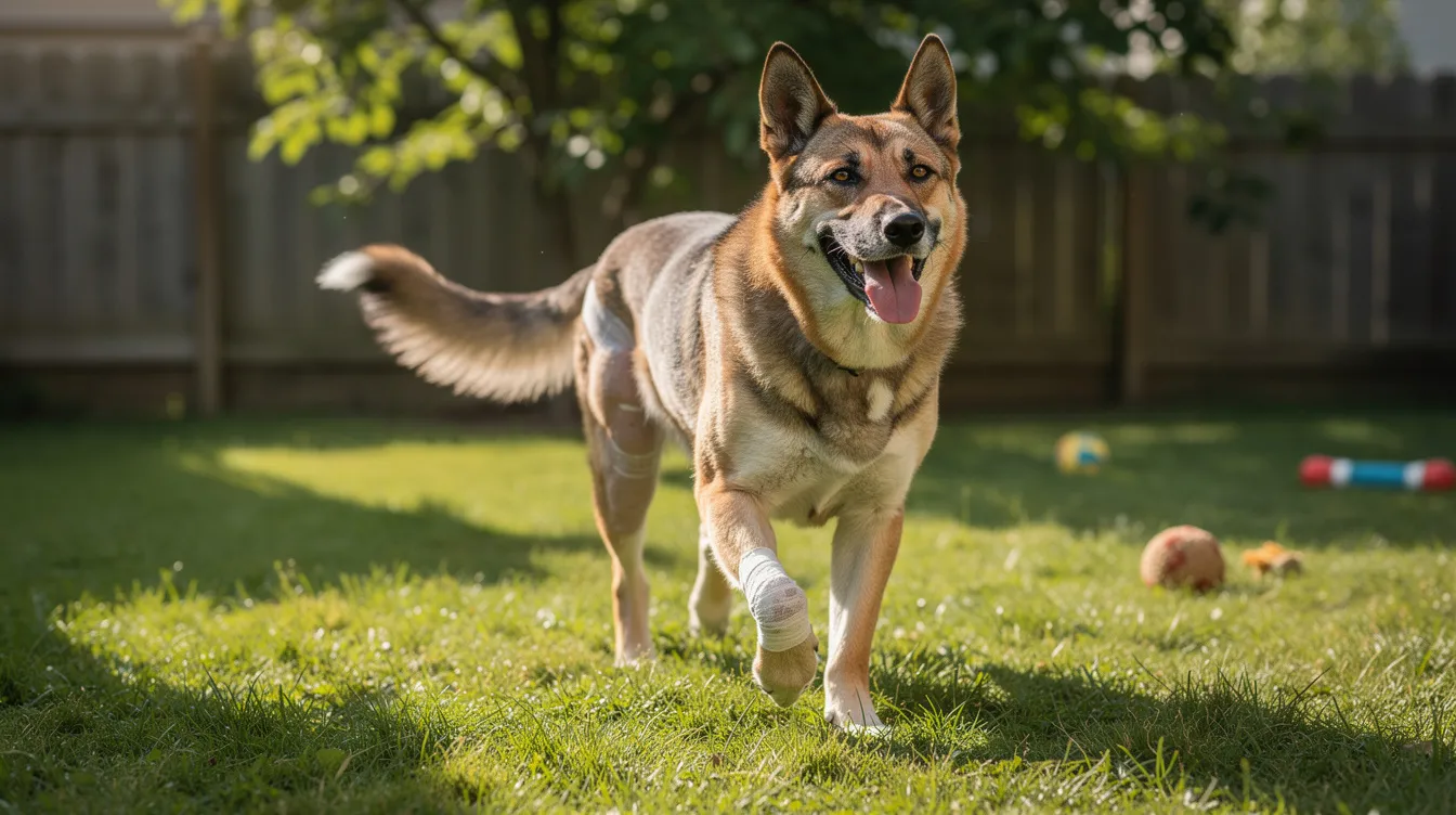 A large three-legged dog is happily walking in a grassy yard, showcasing resilience during recovery from osteosarcoma. This giant breed dog is likely undergoing a treatment plan that may include chemotherapy and pain management following limb-sparing surgery for bone cancer.