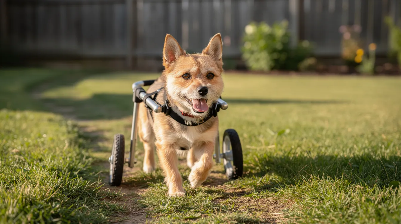 A small dog with hind legs paralysis is navigating a grassy path in a backyard using a mobility wheelchair cart, showcasing its determination despite spinal cord challenges. The cart supports the dog's ability to move freely, providing a sense of independence for affected dogs dealing with conditions like intervertebral disc disease.