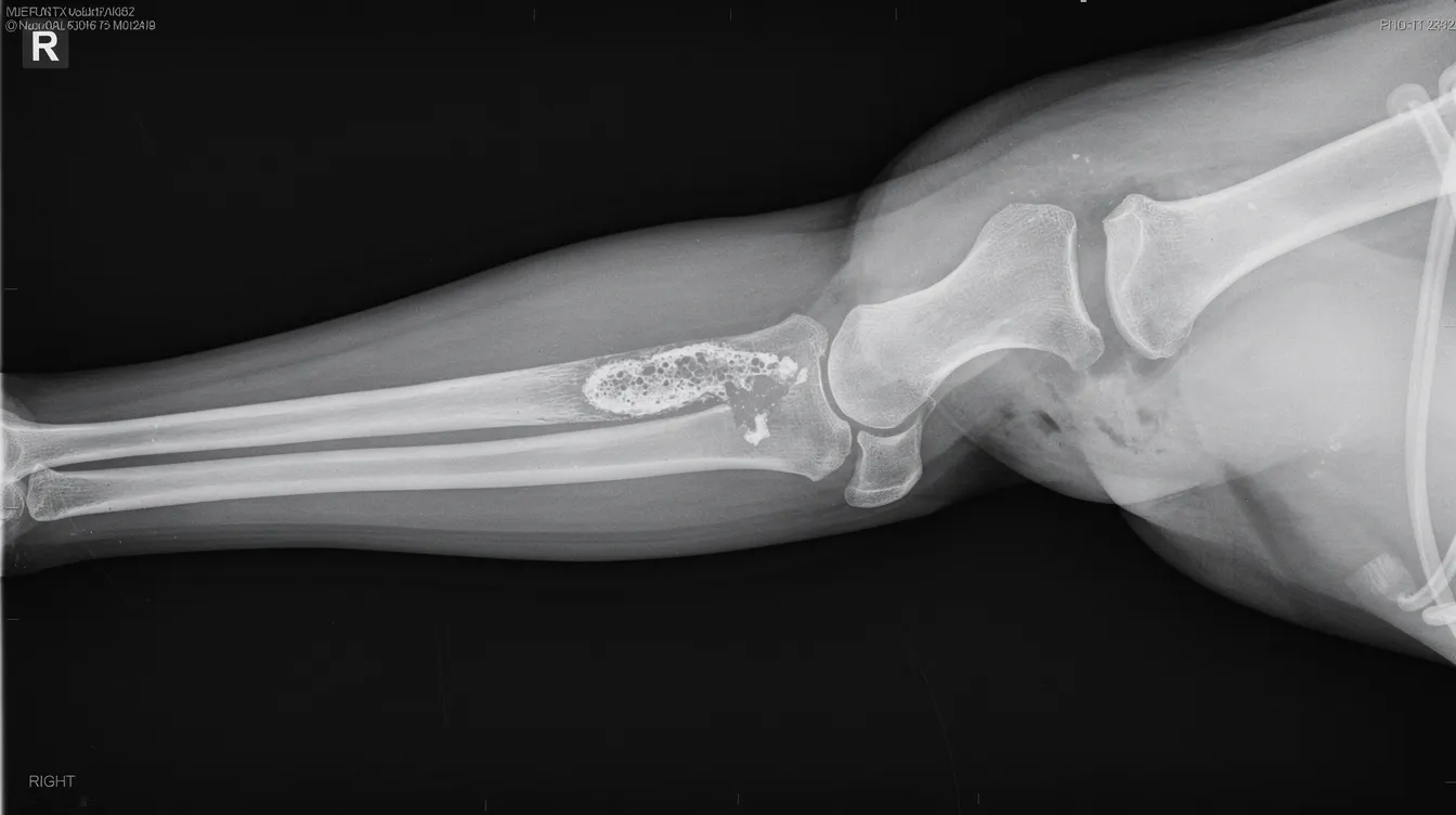 The veterinary X-ray image displays a bone lesion on the leg of a large breed dog, indicative of potential osteosarcoma, a common bone cancer in dogs. The affected limb shows signs of a primary tumor, which may require a treatment plan that includes options like limb-sparing surgery or chemotherapy.