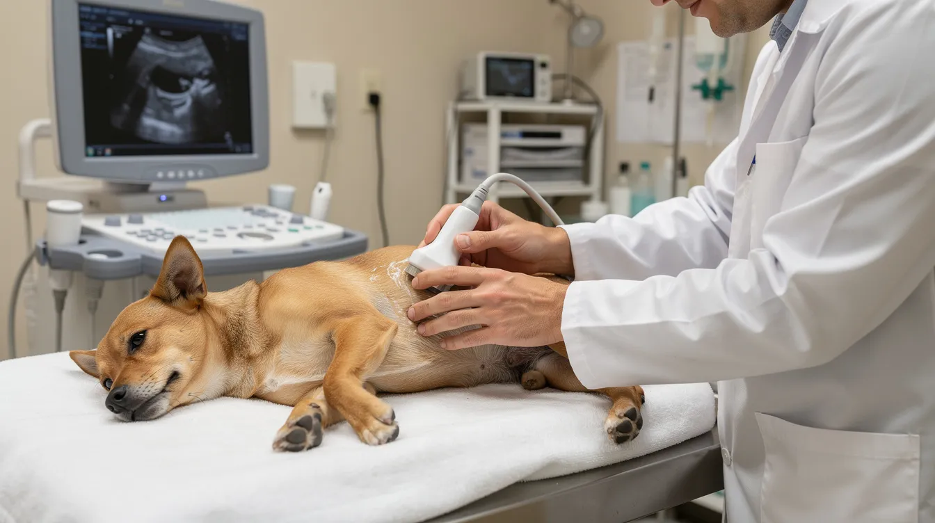A veterinarian is performing an echocardiogram on a small dog lying on an examination table, focusing on evaluating the dog's heart function and checking for signs of mitral valve disease. This procedure helps diagnose conditions such as mitral valve regurgitation and can be crucial for managing heart health in small breed dogs.