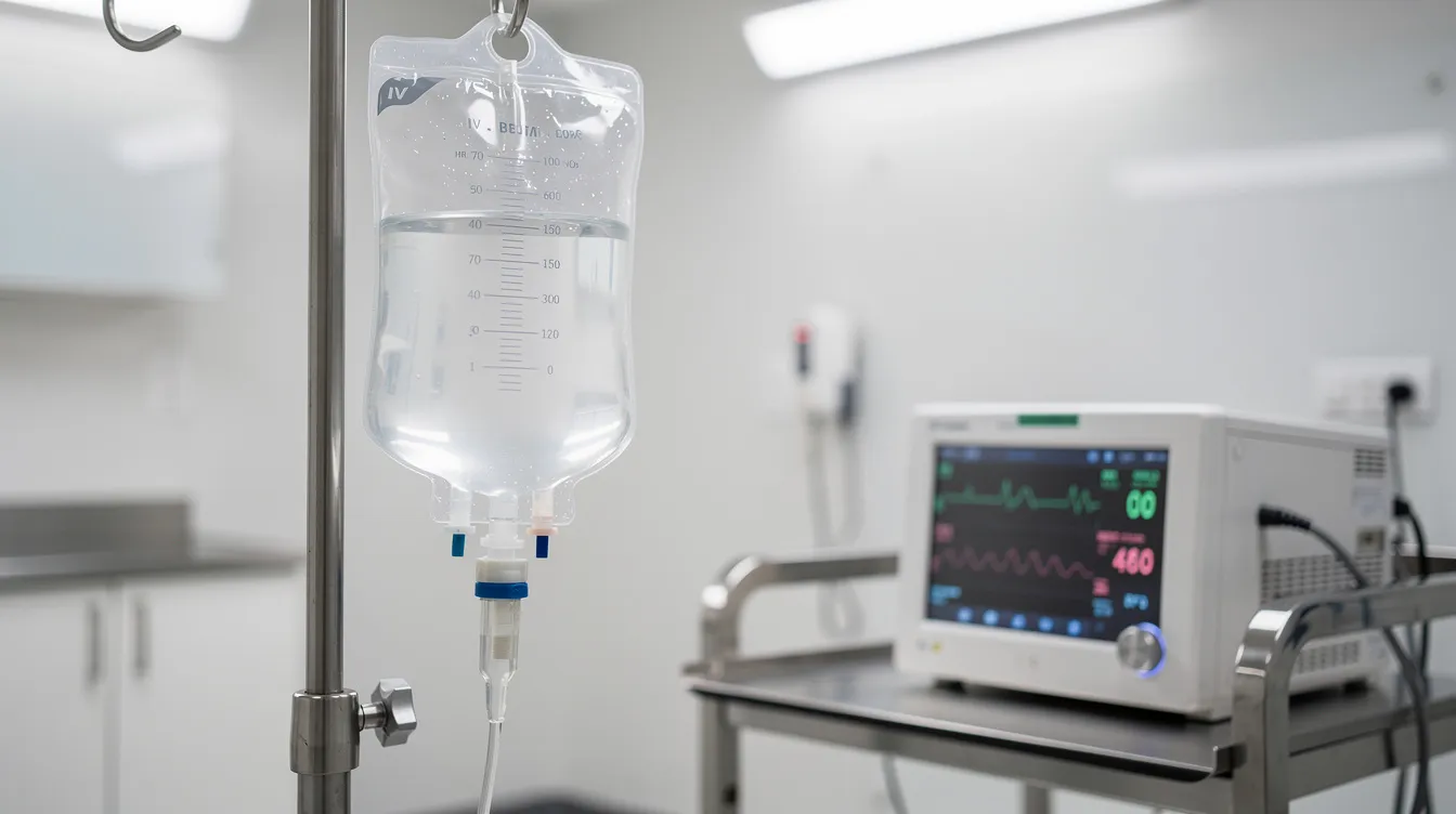 The image shows a veterinary IV fluid bag and tubing connected to monitoring equipment in a clinical setting, indicating ongoing intravenous fluid therapy for a dog that may be suffering from acute kidney injury due to grape or raisin ingestion. This setup is essential for providing comprehensive care and monitoring kidney function in affected dogs.