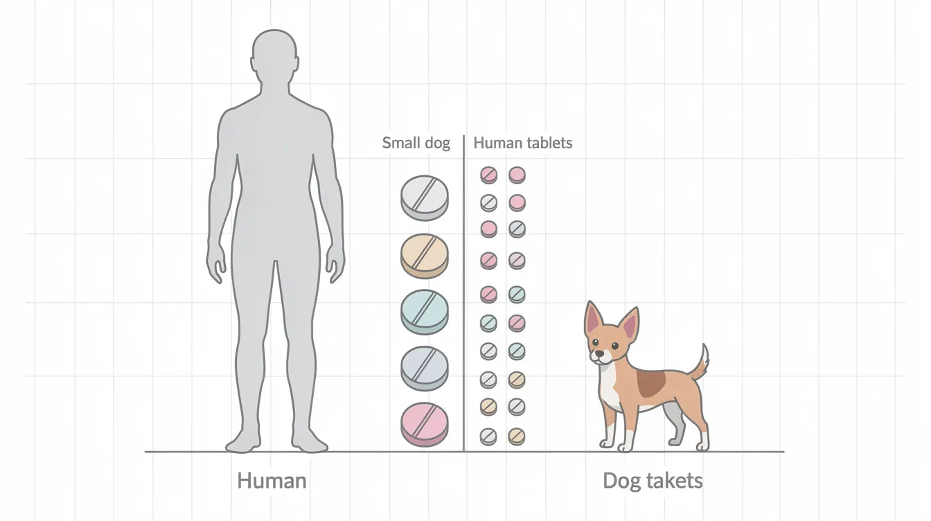 The diagram illustrates the size difference between a human figure and a small dog, with various medication tablets, including common household medications like birth control pills, scaled between them. This visual representation highlights the potential dangers of pet poisoning, emphasizing the need for pet owners to seek immediate advice from a veterinary professional if their pet consumes any medications.