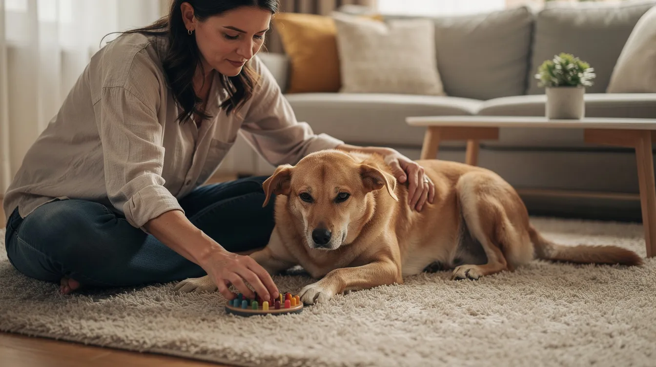 In a calm living room, an owner sits on the floor beside their resting dog, gently interacting with an enrichment toy nearby. This scene reflects the importance of quality time and mental stimulation for the dog's emotional state, especially when signs of sadness or anxiety may arise.