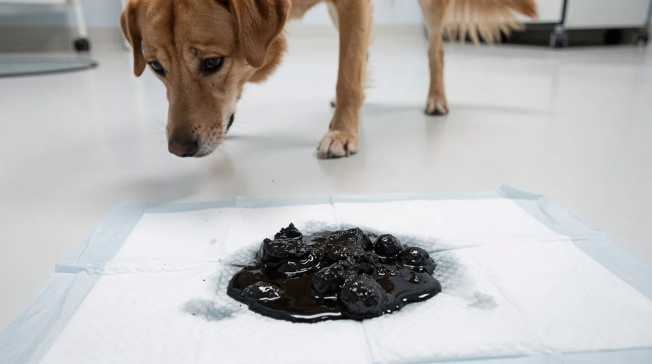 The image depicts a dog with black tarry stool, which can be a sign of internal bleeding or other serious health issues. Pet owners should be aware that if their dog has eaten chicken bones, especially cooked ones, it could pose risks such as sharp bone fragments leading to internal injuries, and they should consult a veterinarian immediately.
