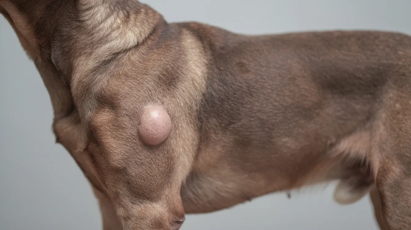 The image shows a smooth, round lump visible beneath the dog's skin on the shoulder area, which may indicate a skin condition such as a benign growth or a potential skin infection. This lump could be associated with various issues affecting dogs, including skin bumps related to allergic reactions or skin diseases.
