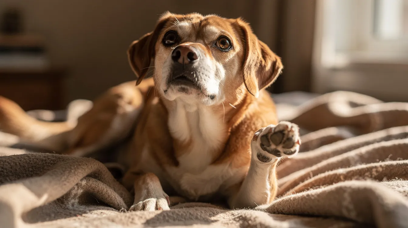 A concerned dog is lying on a blanket with one paw raised, indicating discomfort and possible limping in dogs. This could suggest a need for veterinary attention to assess for issues like soft tissue injuries or other underlying causes affecting the dog's health.