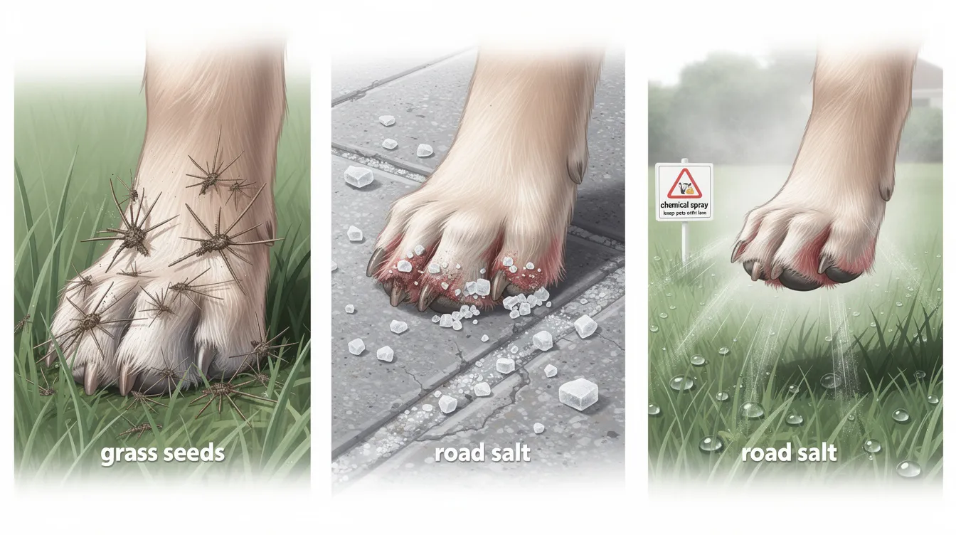 The image depicts various common environmental irritants affecting a dog's paws, including grass seeds, road salt crystals, and chemical spray residue on a lawn, which can lead to itchy paws and irritated skin. These irritants may cause excessive licking and inflammation, highlighting the importance of maintaining skin health for dogs.