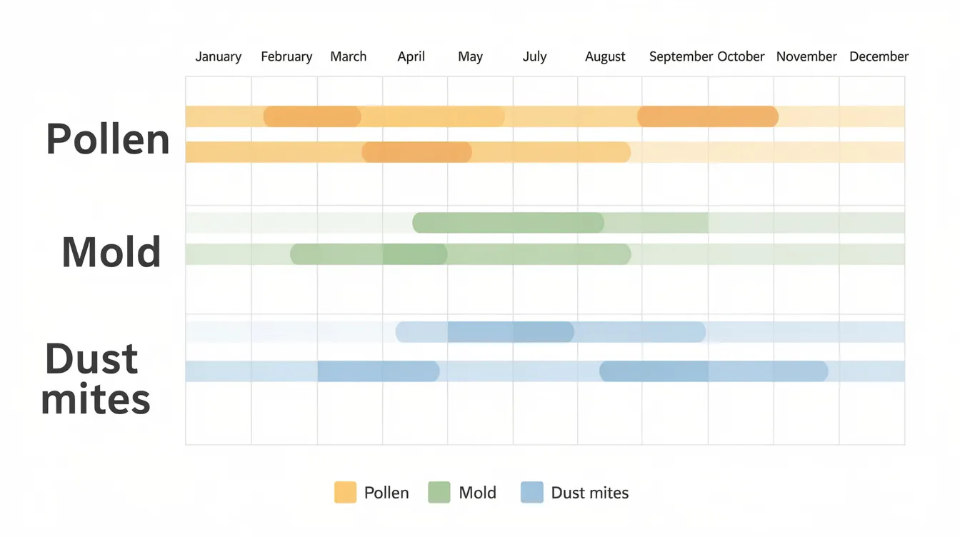 The illustration depicts a calendar highlighting the peak months for pollen, mold, and dust mite seasons in a subtropical climate, which can contribute to environmental allergies and skin issues in dogs, such as itchy skin and atopic dermatitis. This visual guide serves as a reminder for pet owners to monitor their dog's coat health and manage potential allergic reactions during these critical times.