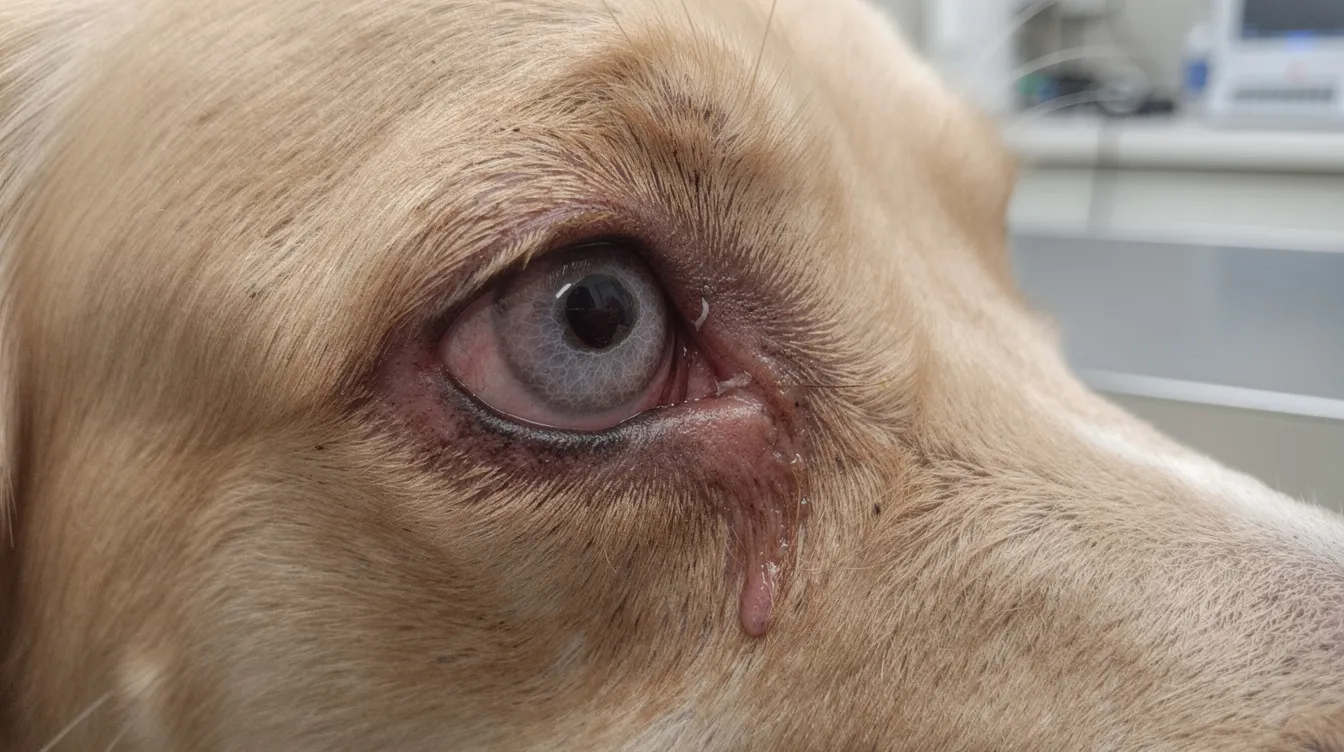 The image shows a close-up of a dog's eye affected by a corneal ulcer, with visible redness and inflammation around the eyelids. This condition can lead to severe pain and potential vision loss, necessitating a visit to a veterinary ophthalmologist for diagnosis and treatment options.