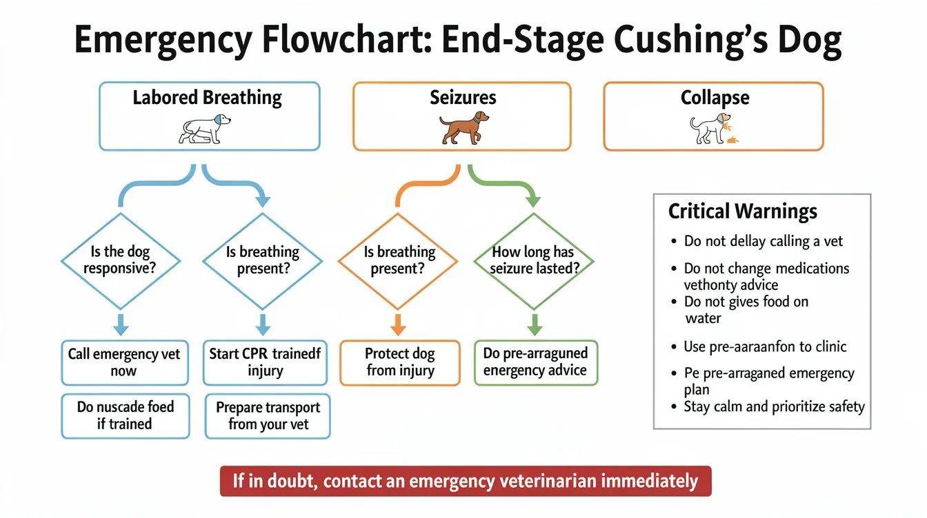 The image depicts an emergency flowchart designed for pet owners, outlining decision paths for addressing labored breathing, seizures, and collapse in dogs with end-stage Cushing's disease. This chart serves as a guide for managing the common symptoms and complications associated with this hormonal disorder, emphasizing the importance of timely veterinary intervention for the well-being and quality of life of beloved dogs.