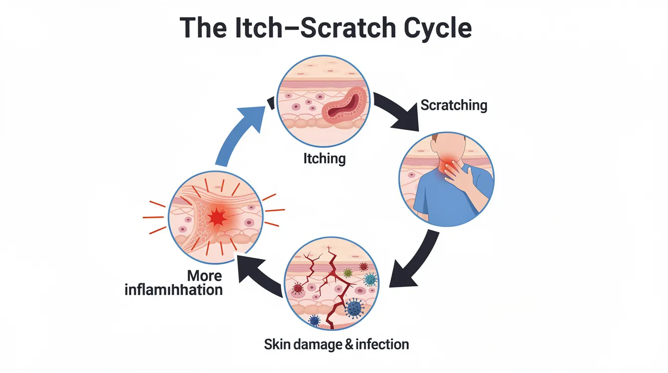 The diagram illustrates the cycle of scratching in dogs, showing how excessive scratching leads to skin damage, which can result in infections, increased inflammation, and intensified itching. It highlights the underlying causes of itchy skin, such as environmental allergies and skin diseases, emphasizing the importance of proper diagnosis and treatment for a dog's itchy skin.