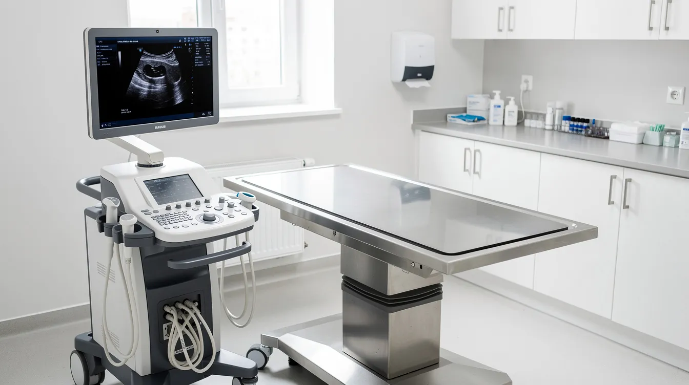The image shows an ultrasound machine positioned next to a veterinary exam table in a clean clinical setting, highlighting the importance of advanced diagnostic tools for assessing heart disease in cats. This environment is crucial for diagnosing conditions such as hypertrophic cardiomyopathy and monitoring the heart function of cats, particularly those at higher risk for heart failure.