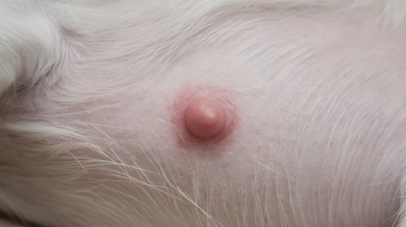 A raised pinkish-red lump is visible on a dog's abdomen, surrounded by slight inflammation, which may indicate a skin condition such as a bacterial infection or a benign growth. This skin bump could affect the dog's skin surface and may require veterinary attention for proper diagnosis and treatment.