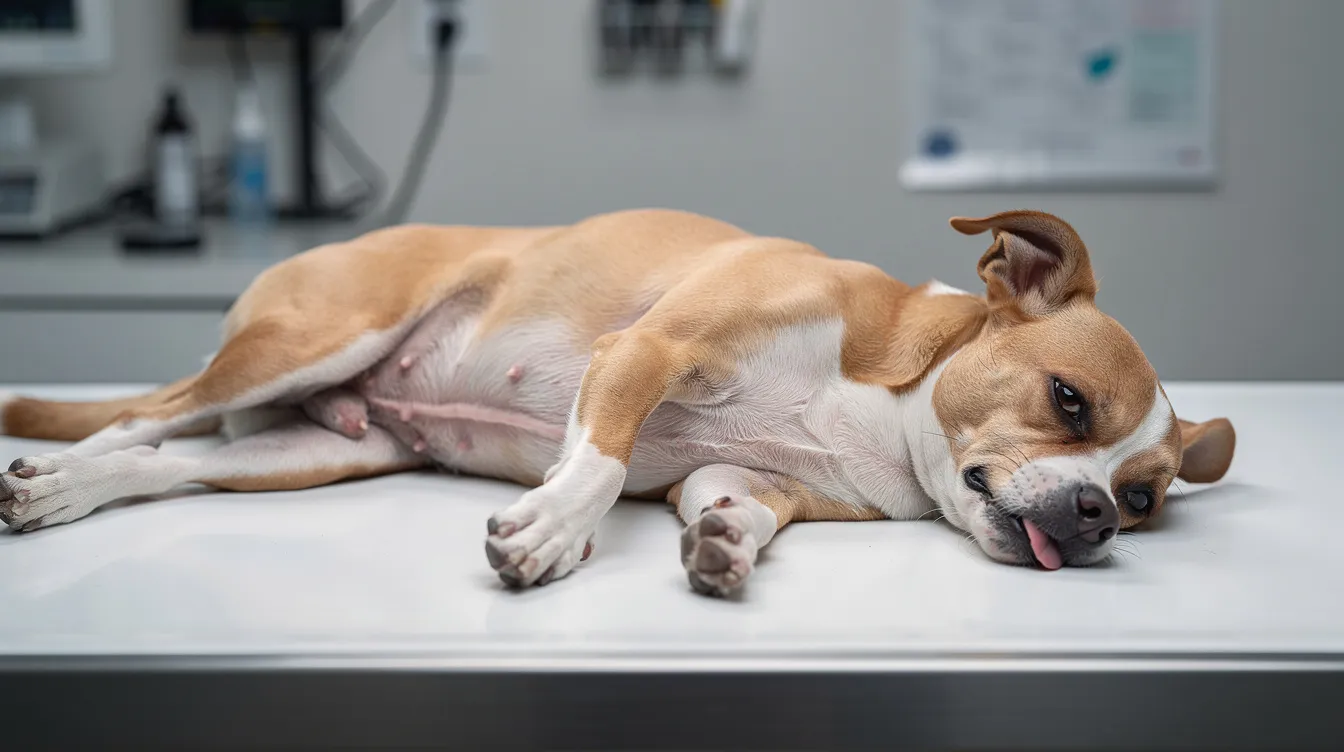 A small breed dog is lying on its side, exhibiting labored breathing, which may indicate symptoms of mitral valve disease or congestive heart failure. This condition often affects small dogs, leading to issues such as leaky mitral valve and impaired blood flow.