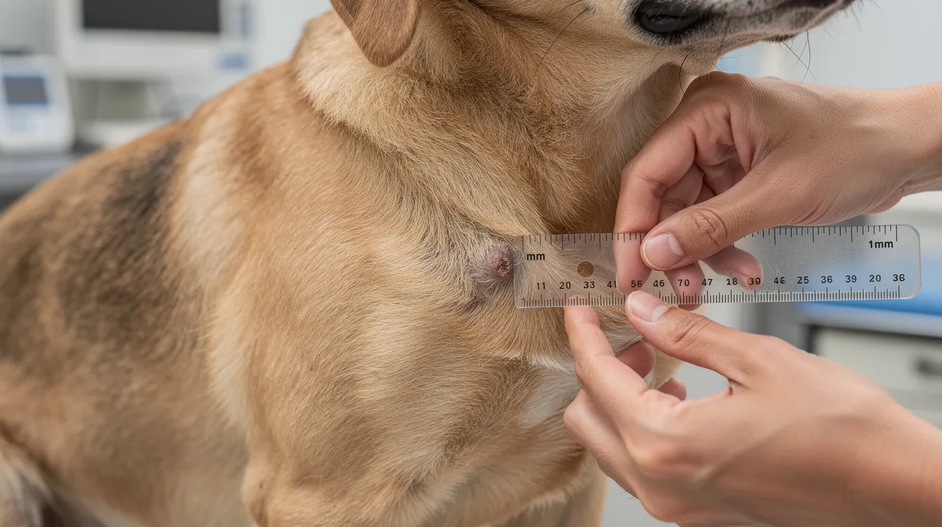 A person is measuring a small skin bump on the side of a dog's body with a ruler for documentation, possibly assessing a skin condition that could include benign growths or skin lumps. The dog, a golden retriever, appears calm while the individual focuses on the dog's skin surface, which may require further evaluation for potential skin problems or infections.